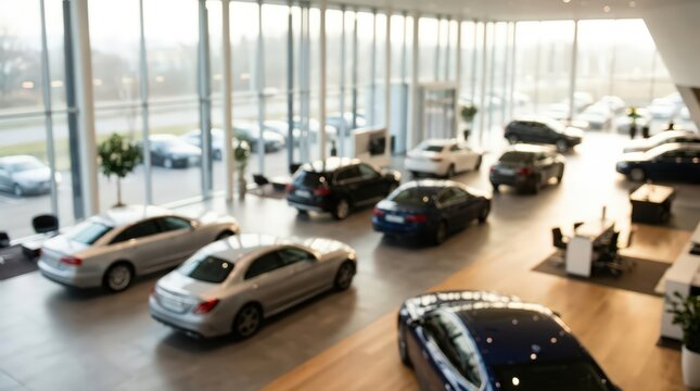 Car dealership showroom interior blurred abstract luxury automotive retail store vehicles auto sales business