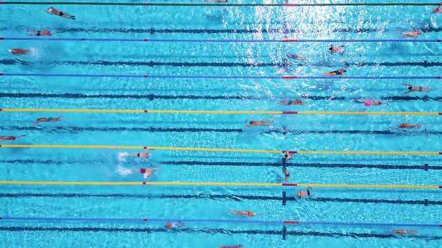 Aerial Top Down View of Swimmers Training in an Outdoor Swimming Pool