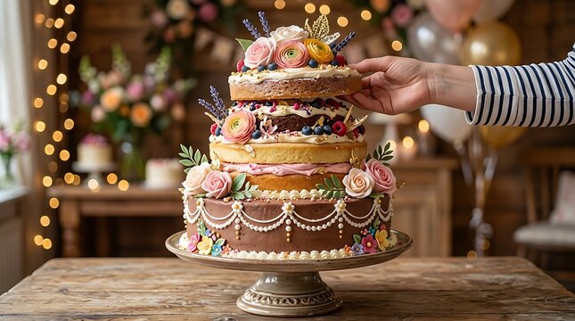 Hand placing the top tier on an elegant floral wedding cake