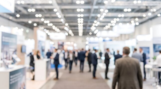 Business people networking at large corporate trade show exhibition hall with blurred booths and bright overhead lighting in professional business conference event setting