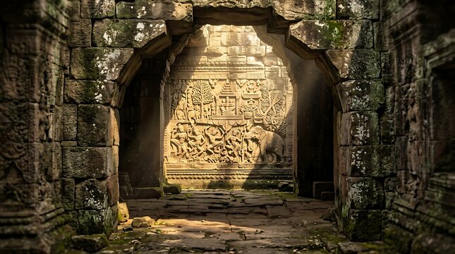 Ancient stone temple archway with sunlit bas relief carvings