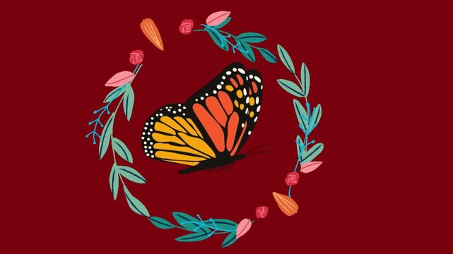 Orange monarch butterfly framed by botanical floral wreath on dark red background