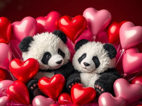 Fluffy pandas snuggle amidst heart-shaped balloons, soft, adorable