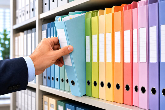 Carpetas de registro y archivadores de colores en fila en estanter&iacute;a con mano sacando expediente clasificado en archivo folder multicolor