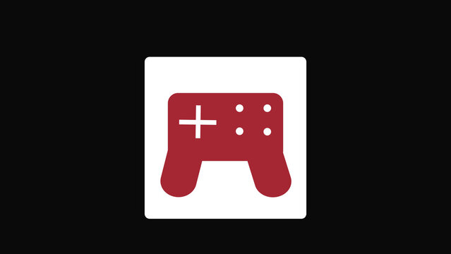 Red video game controller icon on a white square button for digital gaming interface and mobile application design elements