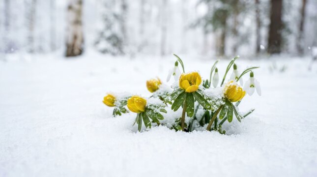 Winter Aconite Flowers Blooming in Snowy Forest Landscape.
