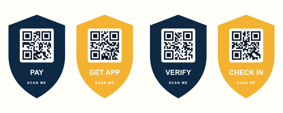 Four shield icons with QR codes for payment app download verification and check-in during a clean studio setting