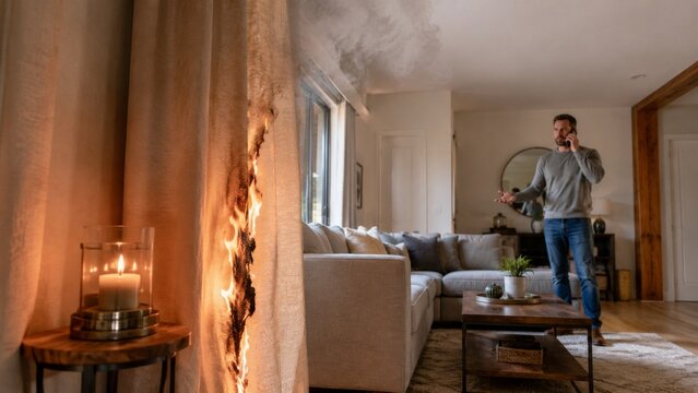Curtain Fire Caused by an Unattended Candle as Homeowner Calls Emergency Services