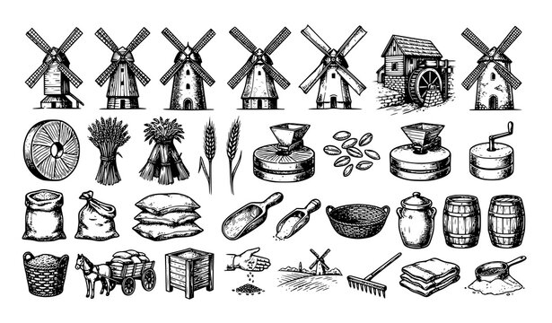 Vintage Grain Mill Agricultural Elements Windmill Watermill Wheat and Grain Sack Sketch Vector Collection