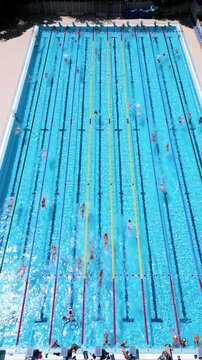 Vertical Aerial View of Swimmers Training in Large Outdoor Pool