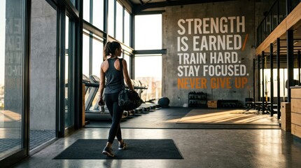 Obraz premium Woman entering a modern gym with motivational quote on wall.