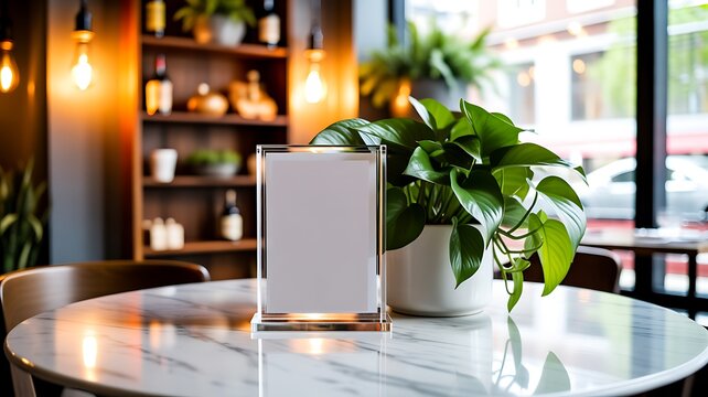 Blank table tent mockup on cafe table with potted plant in modern coffee shop interior