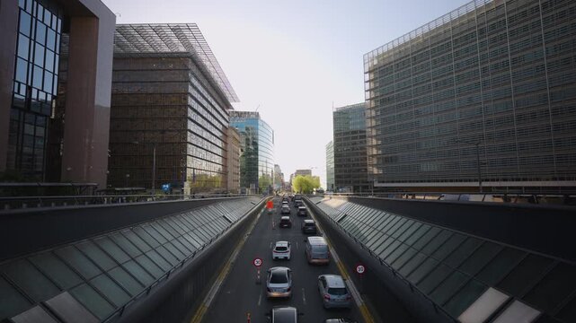 Highway traffic jam at EU District in Brussels Belgium