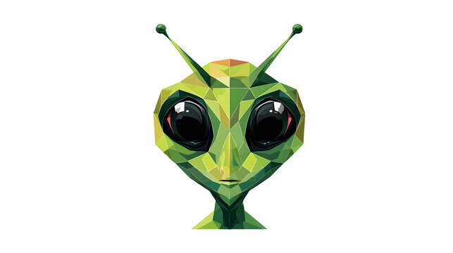 Curious green alien head with large eyes and antennae on white background with black eyes two science fiction close up extraterrestrial illustration