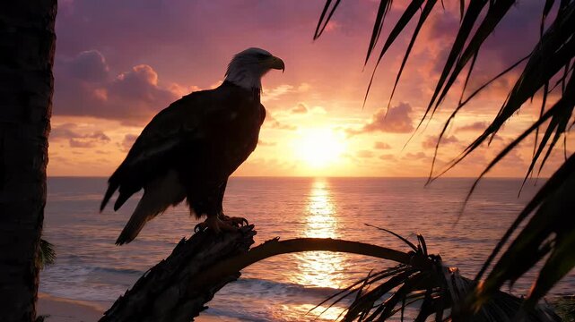 Majestic Bald Eagle Perched on Palm Tree at Vivid Sunset Over Ocean - A majestic bald eagle is silhouetted on a palm tree branch against a vivid sunset over the ocean.