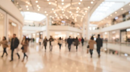 Obraz premium Blurred view of busy shopping mall with customers walking in a bright spacious retail environment featuring modern architecture and elegant overhead lighting for commercial use