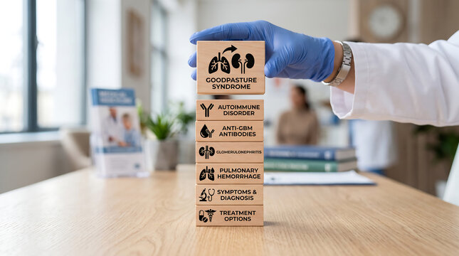 Goodpasture syndrome medical concept with wooden blocks in doctors office transparent background