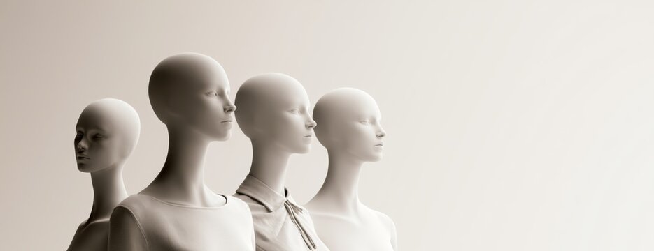 Display of four mannequin heads in minimalist style on soft white background  