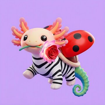 Cute 3d character mashup of an axolotl zebra and ladybug