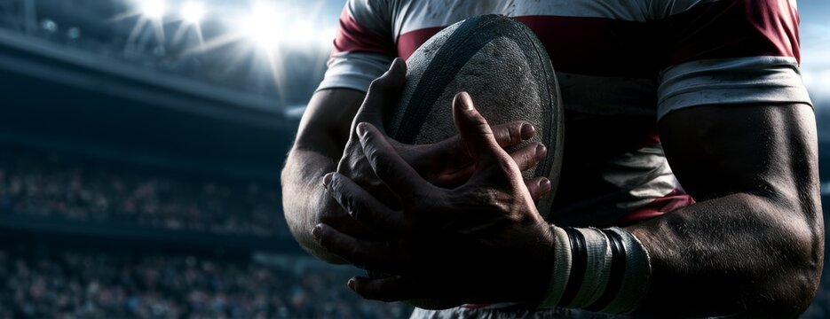 Rugby player holding ball in stadium with dramatic lighting  