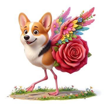 Whimsical character mashup of a corgi bird and rose flower