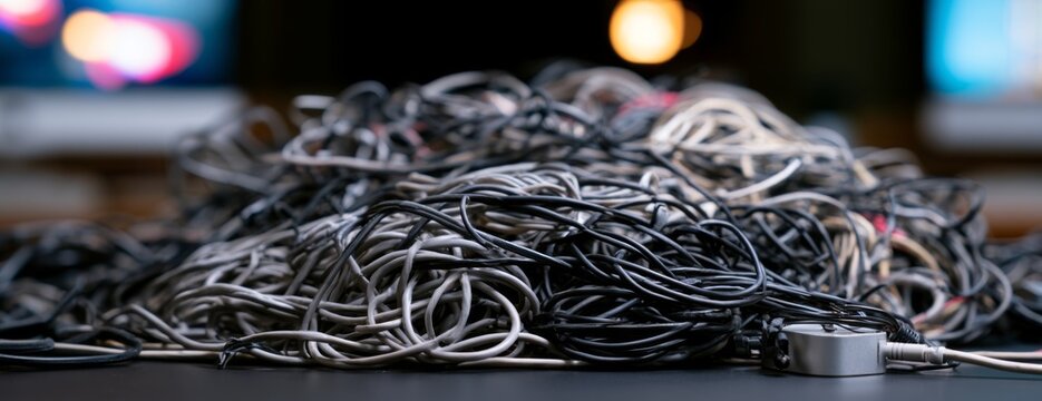 Tangled mess of black and white charging cables on a desk  