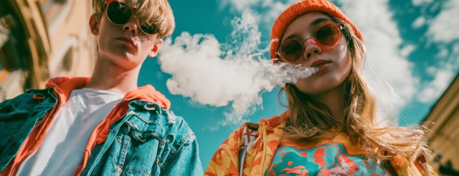 Teenagers vaping outdoors with smoke in colorful urban setting  