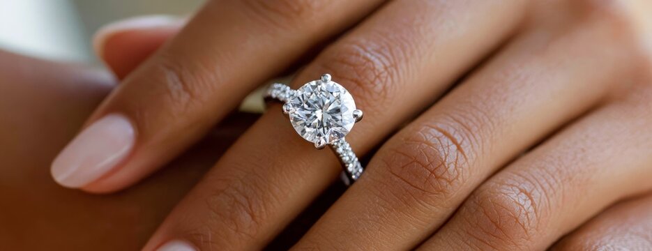 Hand with engagement ring featuring a large diamond in closeup  
