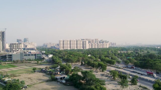 Aerial view of Delhi NCR cityscape. Modern residential high-rise buildings in Noida Ghaziabad.
