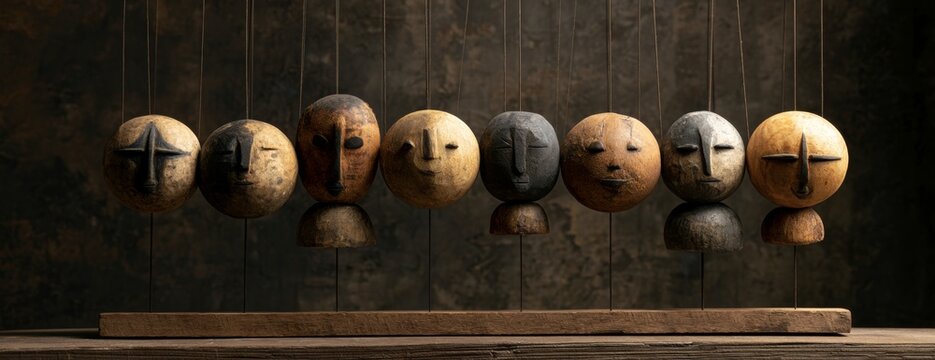 Ethnic wooden dolls on strings arranged on a wooden shelf background  