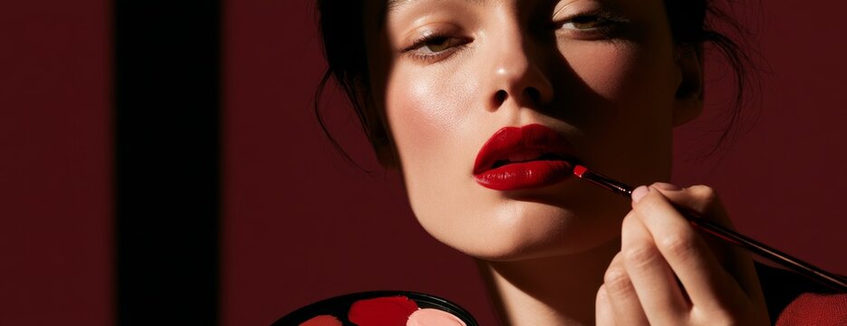 Woman model applying bright red lipstick in beauty studio with dramatic lighting  