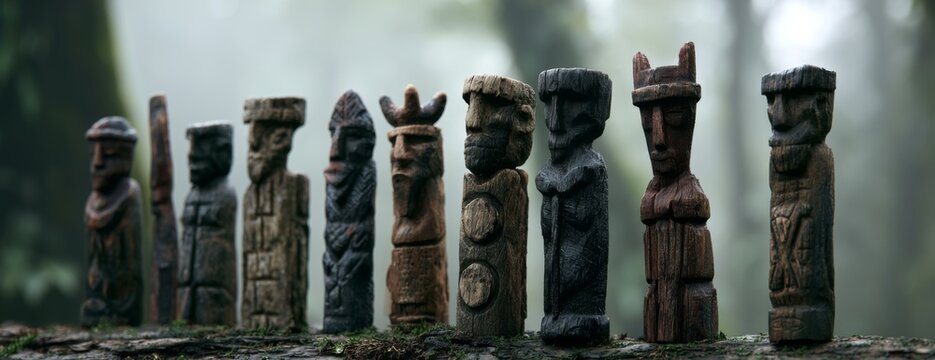 Wooden tribal figurines lined up in a misty forest background  