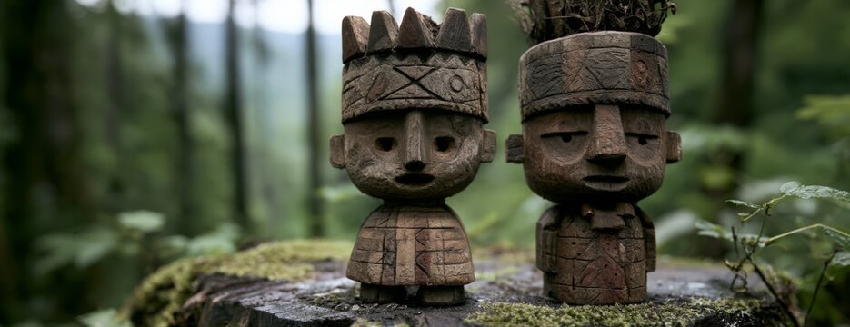Wooden tribal figurines displayed on a log in a forest setting  