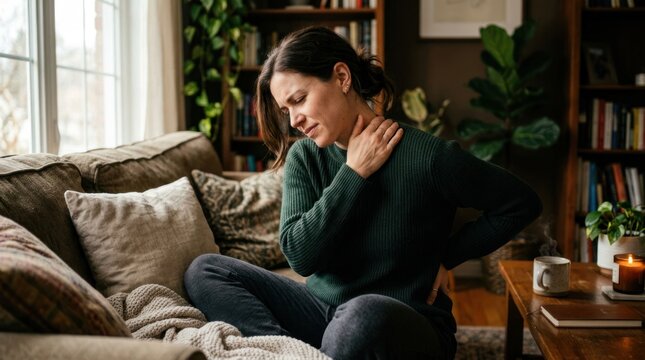 Woman Suffering from Neck Pain While Sitting on a Couch at Home.