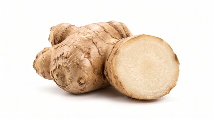 Fototapeta premium Fresh Ginger Root Rhizome with a Sliced Piece Isolated on a White Background for Culinary and Health