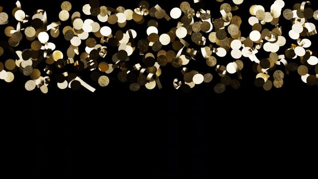 Shiny yellow metallic elements raining down over dark copy space