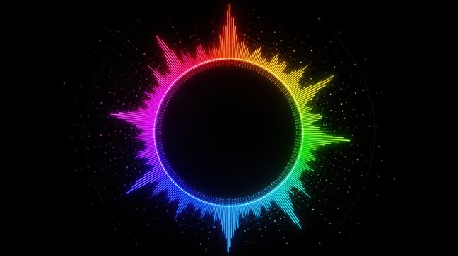 A vibrant circular soundwave visualizer with colorful spikes radiating outward on a black background.