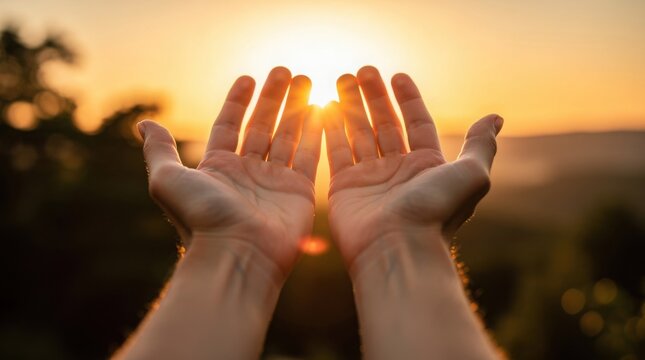 Hands gently cupping the glowing sun at sunset, symbolizing hope, warmth, and connection with nature.