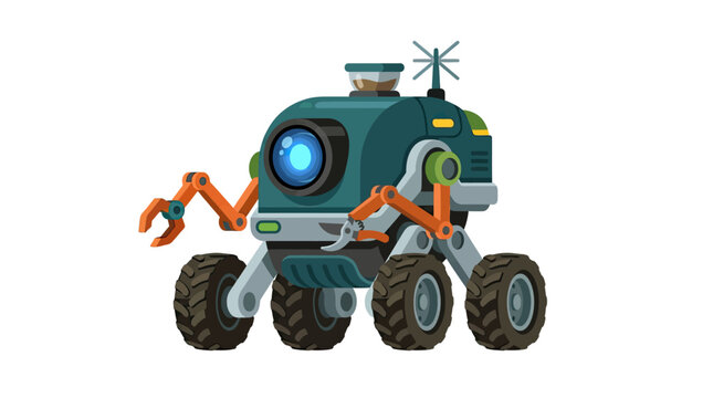 Cute Cartoon Robot On Wheels With White Background