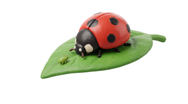 Clay ladybug figurine on green leaf, handmade plasticine ladybird beetle sculpture, red and black insect craft model isolated on white background