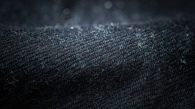 Close-up image of black fabric texture showing detailed fibers and weave pattern with fine dust particles reflecting light.