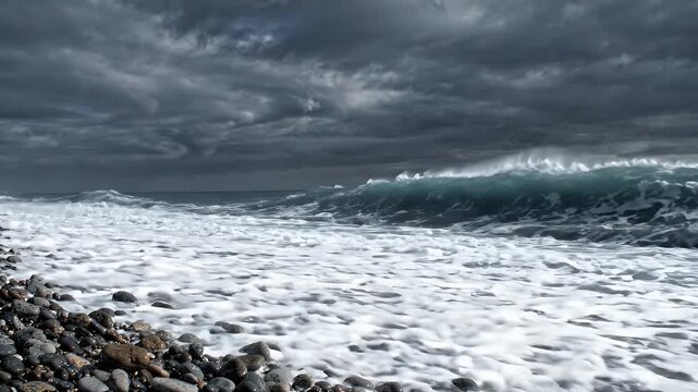 Powerful Ocean Waves Crashing on Pebble Beach Under Dramatic Clouds - Majestic ocean waves powerfully crash onto a pebble-strewn beach, creating a frothy white foam.