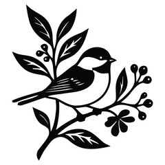 Chickadee bird silhouette perching on berry branch black illustration for creative design. © PinGa