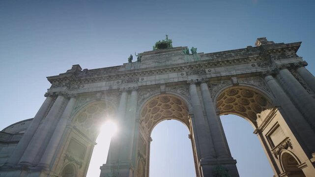Looking up at Brussels Belgium Triumphal Arch in Parc du Cinquantenaire