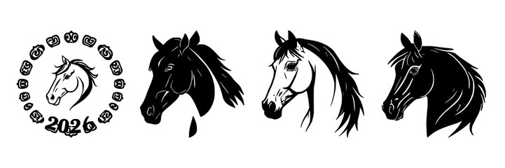 Fototapeta premium Continuous line drawing set with stylized horse head featuring minimalist design, single black stroke, and white background