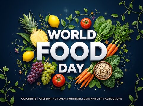 Colorful world food day celebration with fresh fruits vegetables and grains display design
