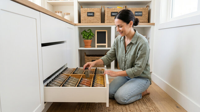 Woman organizing spice drawer in modern kitchen pantry with labeled baskets