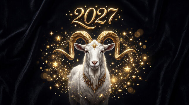Majestic white ram with golden horns and stars for new year 2027