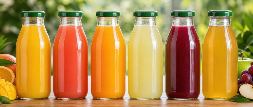 Six glass bottles of various colorful fruit juices arranged in a row on a wooden surface with fresh fruits in the background.