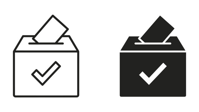 Ballot Box Icons: Two minimalist icons represent a ballot box with a ballot being cast, symbolizing voting and elections. One icon is outlined, and the other is solid black.